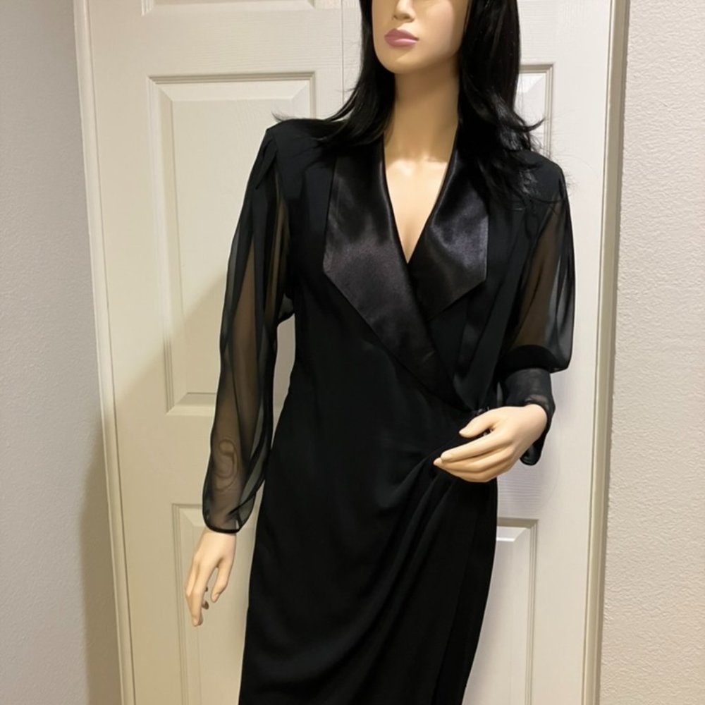 Classic Chic. Black-Wrap Dress. Satin shawl collar. Sheer Chiffon Sleeves. Sz-8P